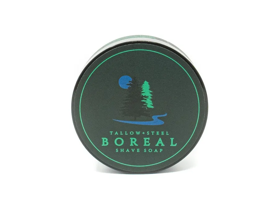 A Tallow + Steel Boreal shave soap